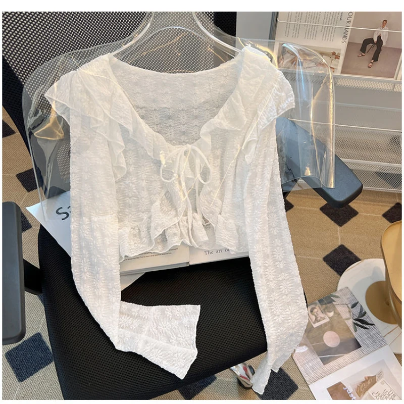 

Кружевная солнцезащитная одежда с рюшами и v-образным вырезом для женщин, тонкая и шикарная, красивая маленькая рубашка с небольшим кардиганом с шалью