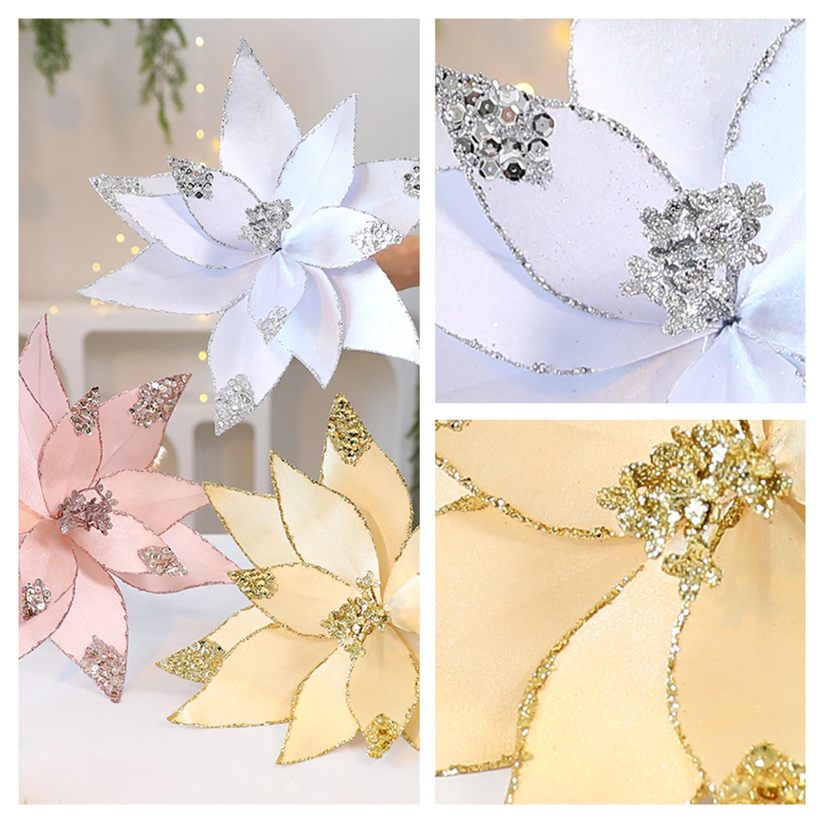 Artificial Christmas Flowers Shiny Floral Picks Yarn Stems With Glitter Ornaments For Xmas Tree Wreath Decor Decorations