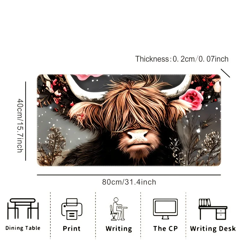 Highland Cow Floral Art Extended Mouse Pad Non-Slip Rubber Desk Mat for Gaming Office Home