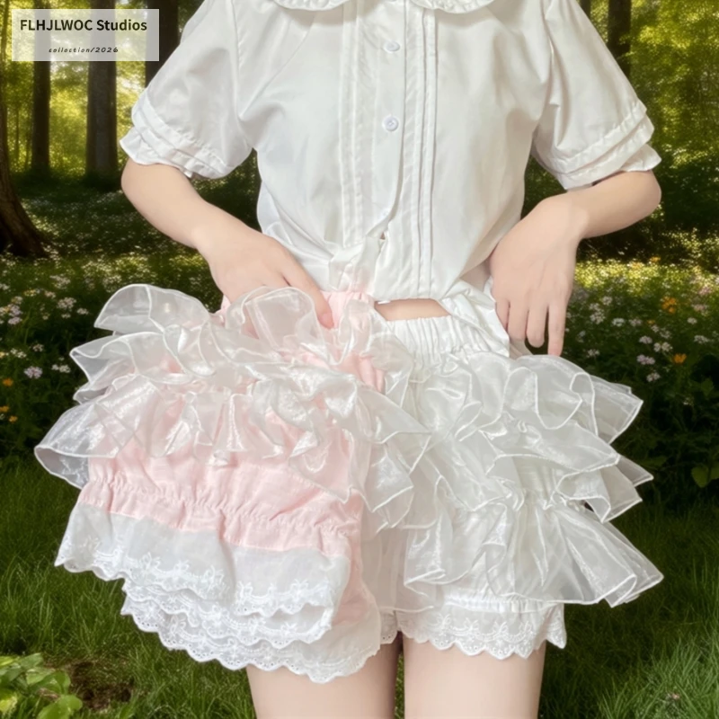 Pumpkin Shorts Safety Pants Japanese Lolita Style Bloomers Princess Pink Layer Puff Shorts Ruffles Lantern Small Pants for Girls