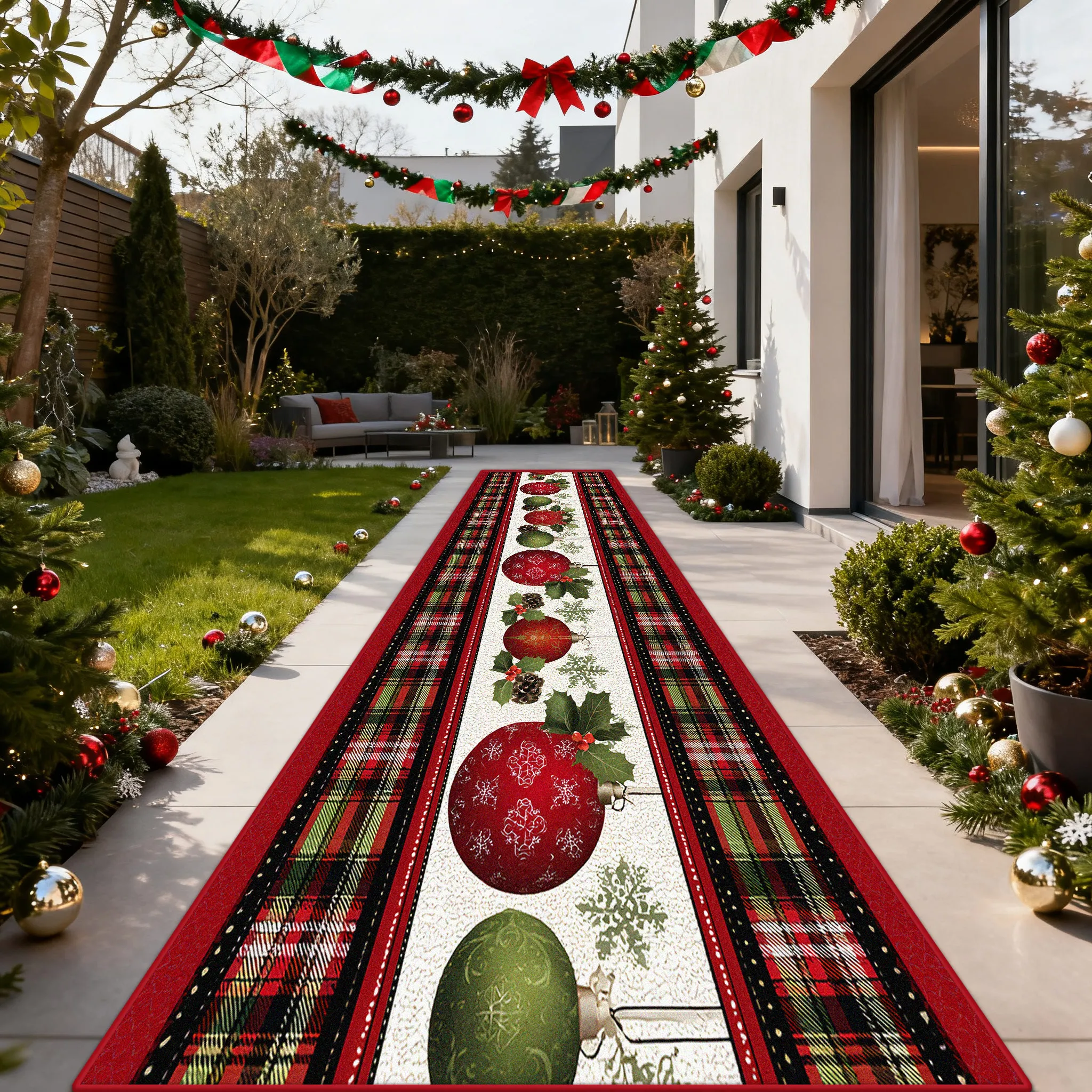 American Style Christmas Long Corridor Carpet Outdoor Courtyard Runner Rugs Snowball Snowflake Decoration Anti Slip Floor Mat