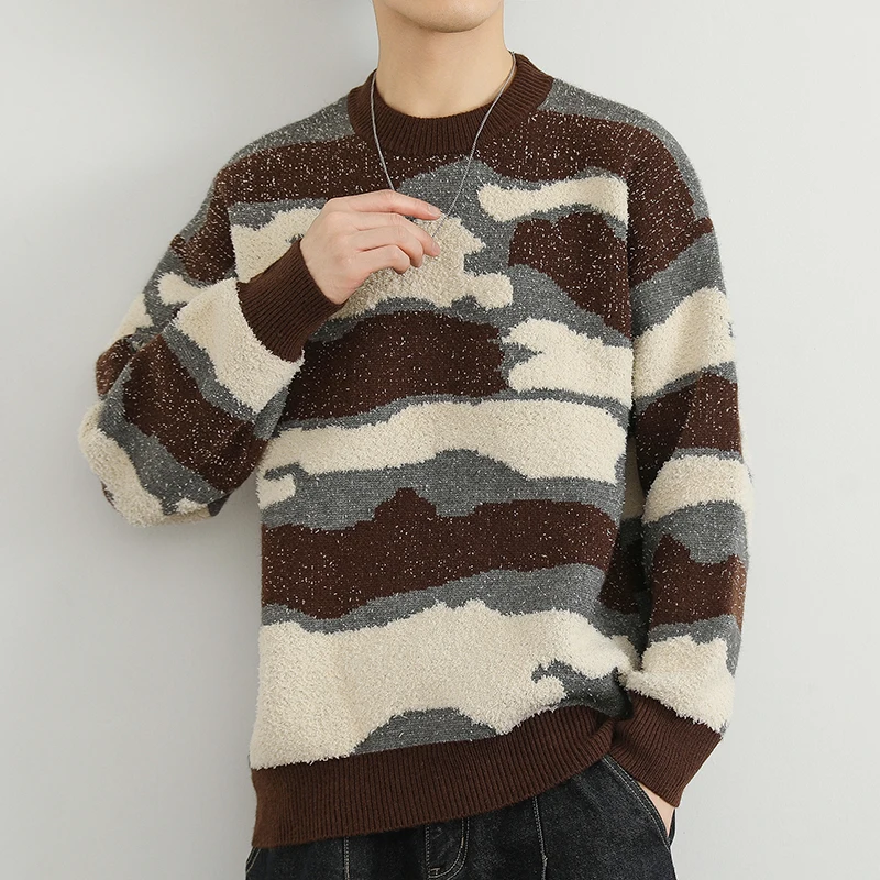 

Камуфляжный вязаный свитер мужской свободного кроя с круглым вырезом, повседневный стиль, из смесового полиэстера, с длинным рукавом, осенне-зимний топ