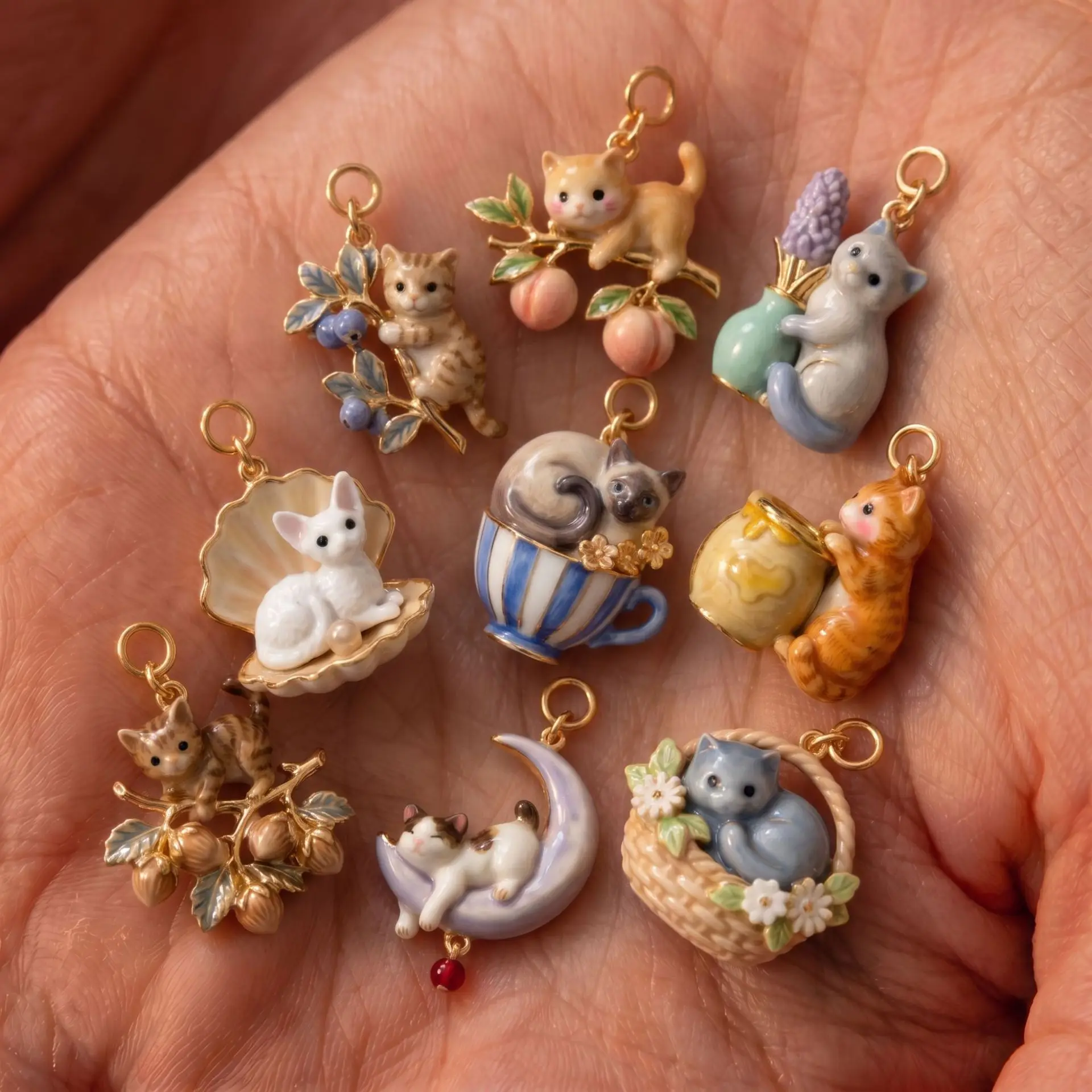 (presale!)New Tea Cup Fruit Cat Series Pendant Copper Plate Gold Charms Jewelry Making DIY Handmade Craft Wholesale