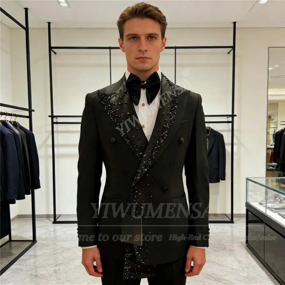 

Мужской костюм с блестящими бусинами и камнями для свадьбы, двубортный пиджак и брюки, комплект из 2 предметов, смокинг для жениха, индивидуальный пошив, наряд для вечеринки