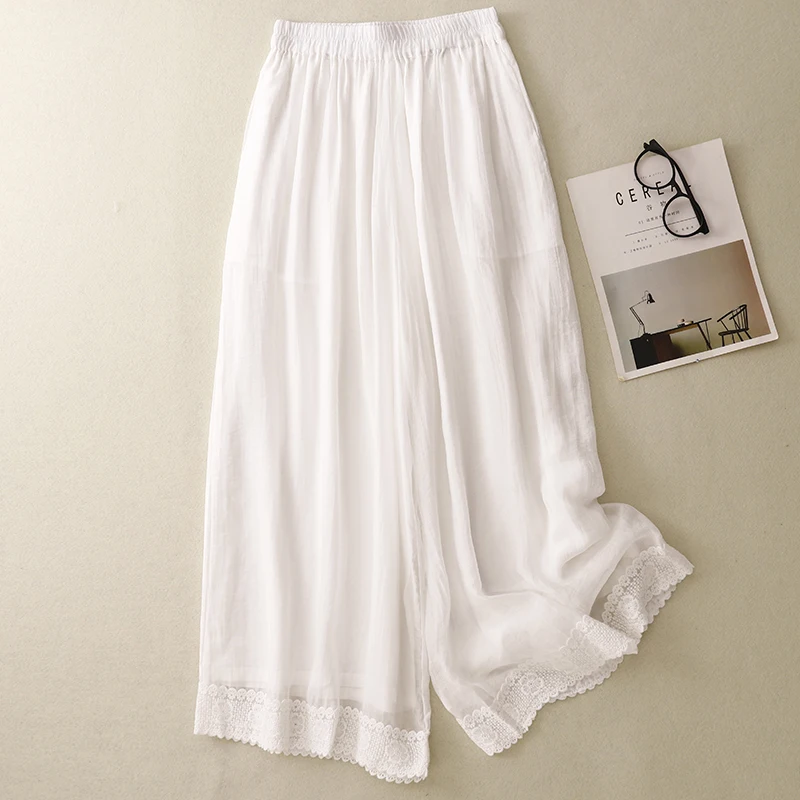 여름 신상 중국 전통 스타일 실크 캐주얼 루즈 레트로 슬림 와이드 레그 레이스 롱 팬츠 단색 다리 길이 연장