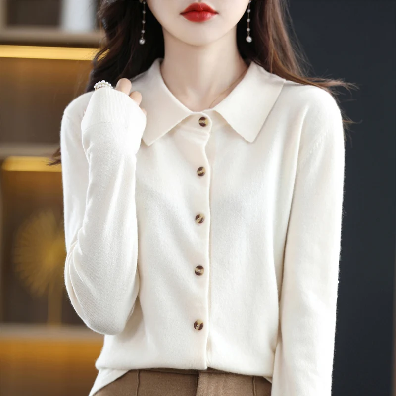 Spring And Autumn POLO Neck Sweater Knitted Shirt With Loose Long Sleeve 100% Wool Coat Cashmere Button Cardigan Style Jacket