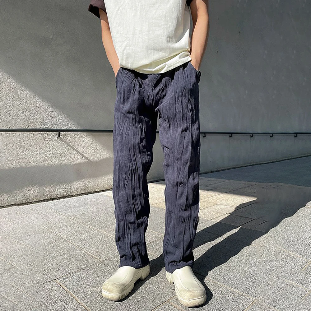 Mens Casual Pleated Straight Pants Genderless 2024 Summer New Arrival Fashion Personalized Solid Color Versatile Pants Unisex