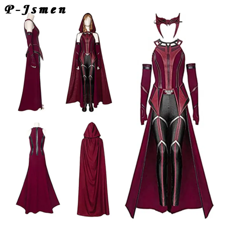 P-Jsmen donna Wanda Maximoff Costume Cosplay Scarlet Witch copricapo mantello e pantaloni Set completo Outfit accessori di Halloween puntelli