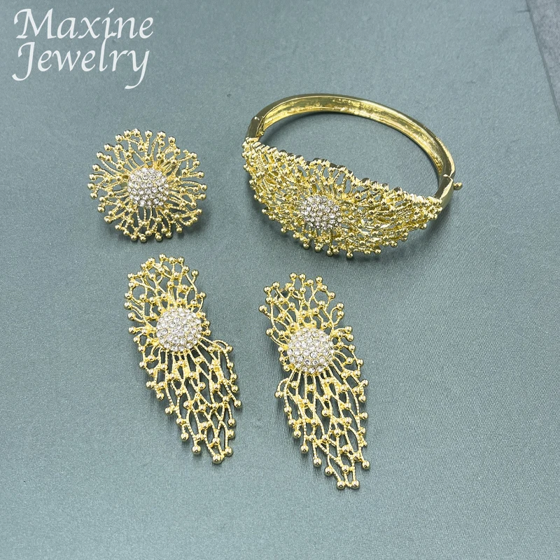 Luxury Original 18K Gold Plated Jewelry Set for Women Trendy Golden Necklace Earring Bracelet Ring Party Dubai Wedding Gifts