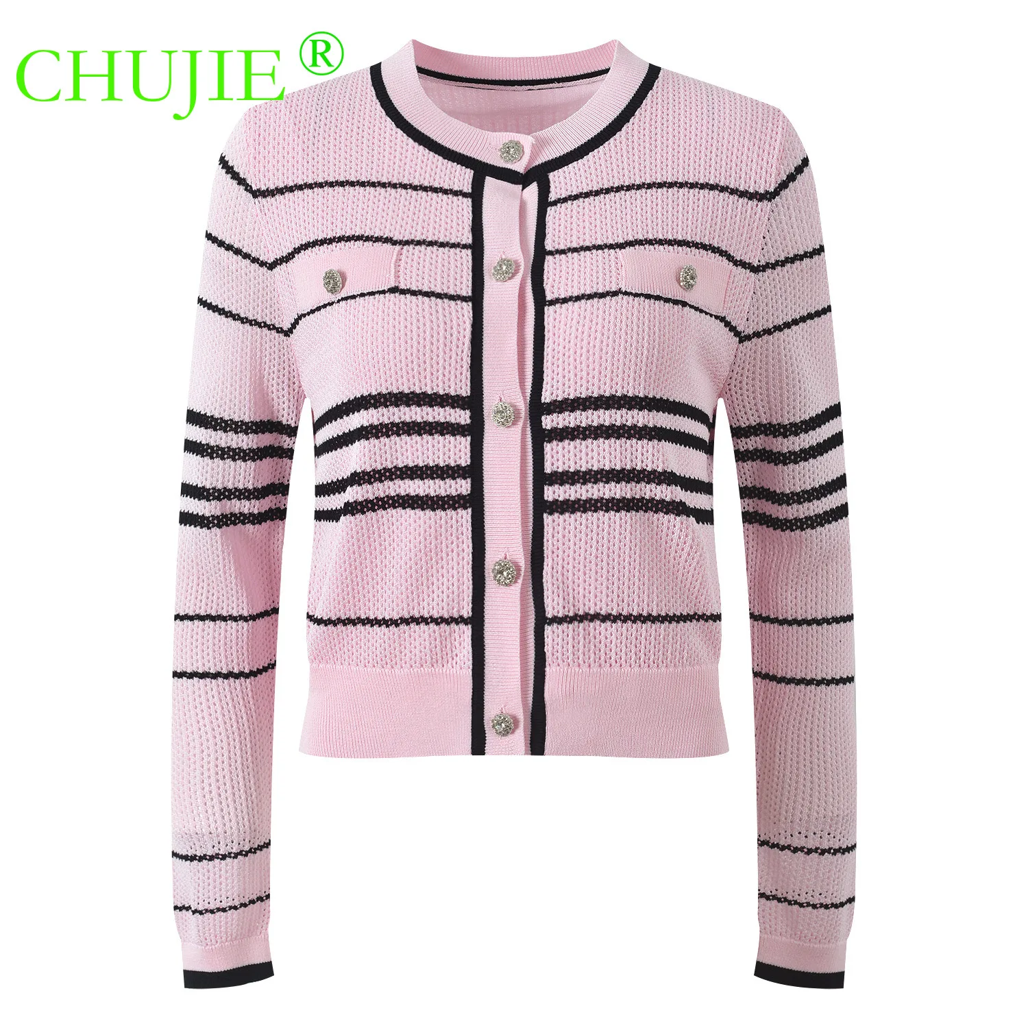 

CHUJIE 2026 Spring New Style Color-Block Striped Gentle Look Age-Reducing Fashionable Versatile Short Round-Neck Knit Cardigan
