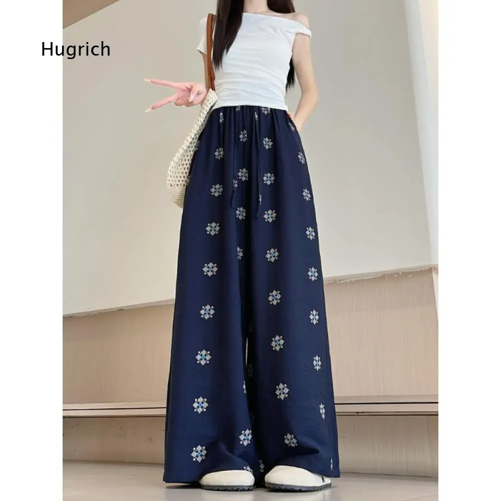 Women Elastic Waist Printed Wide Leg Pants Floral Geometric Pattern Loose Long Trousers Drawstring Casual Daily Vacation Bottoms