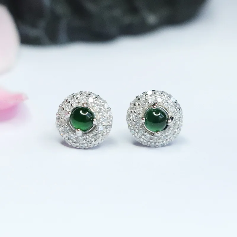 

Vintage S925 Silver Bold Inlay Natural Jade Ice-Emperor Green Ear Clips, Chinese Imperial Style Gemstone Jewelry