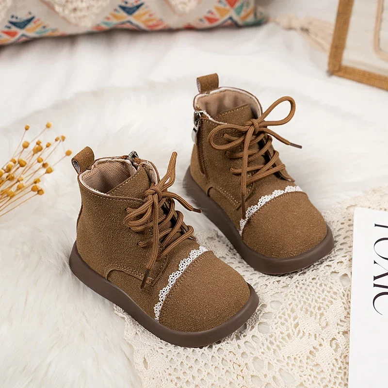 Leather Boots Round Toes 2026 Girls Short Boots Sweet Lace Side Zip Kids Autumn New Children Ankle Boots Soft Bottom Size 22-30