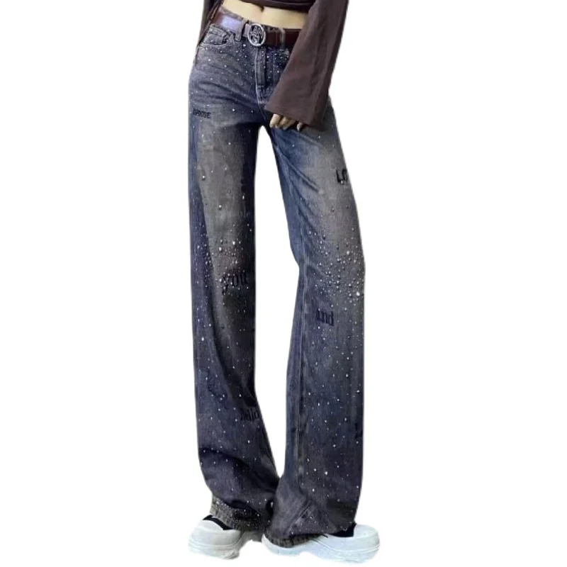 Hot drilling High Waist Loose Wide Leg Jeans Women High Waist Casual All-Match Denim Pants s508