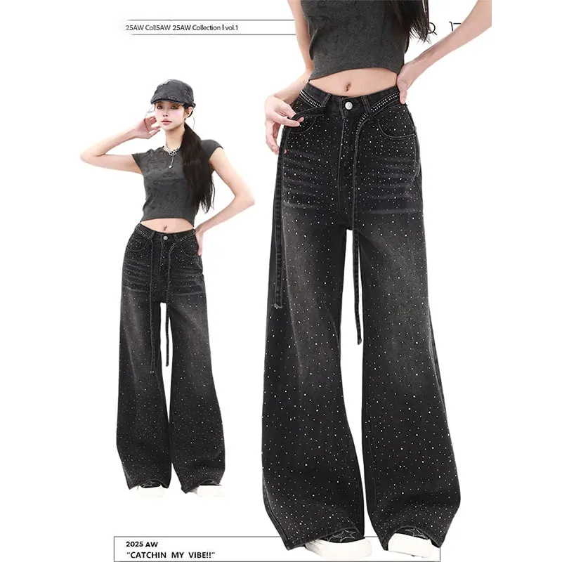 

Black Grey Full Sky Star Heavy Industry Hot Diamond Jeans Women 2025 New Summer Loose Lace-Up Wide-Leg Paulownia Pants Female