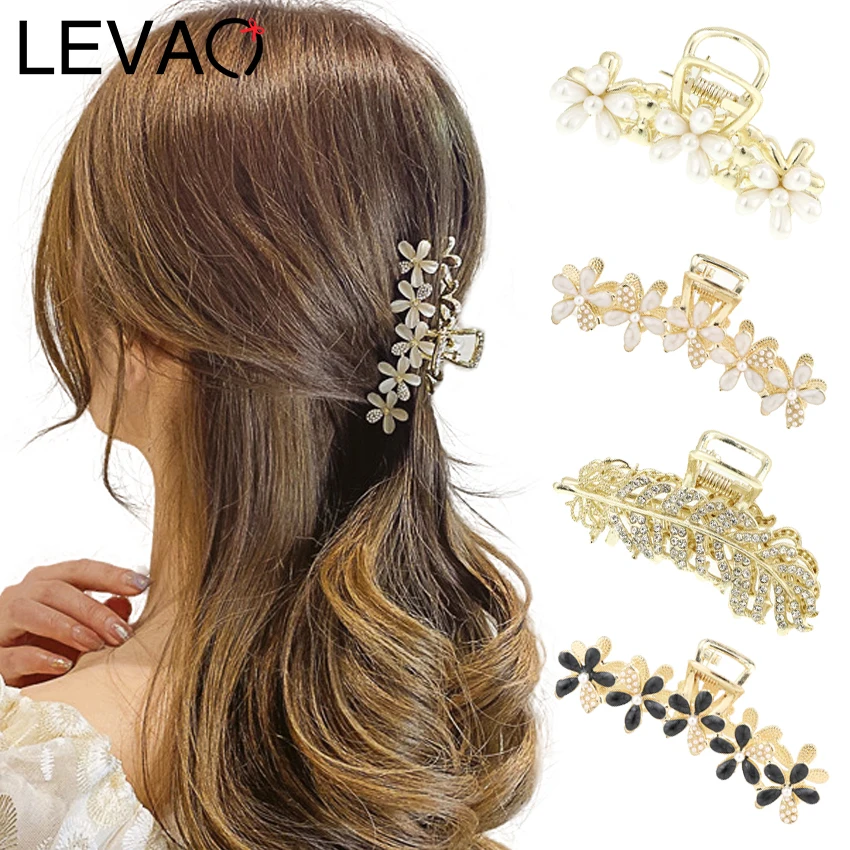 LEVAO Women Elegant Rhinestone Alloy Hair Claw Metal Flower Fashion Headwear Horsetail Crab Claw Barrettes Hair Accessories