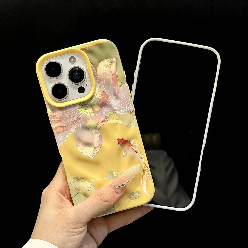 Luxuriöse Koi- und Lotus-Glücks-Handyhülle für iPhone 17 16 15 14 13 12 11 Pro Max 14 Plus 17 Air Falten-Wellen-Soft-Silikon-Cover – Detail 6