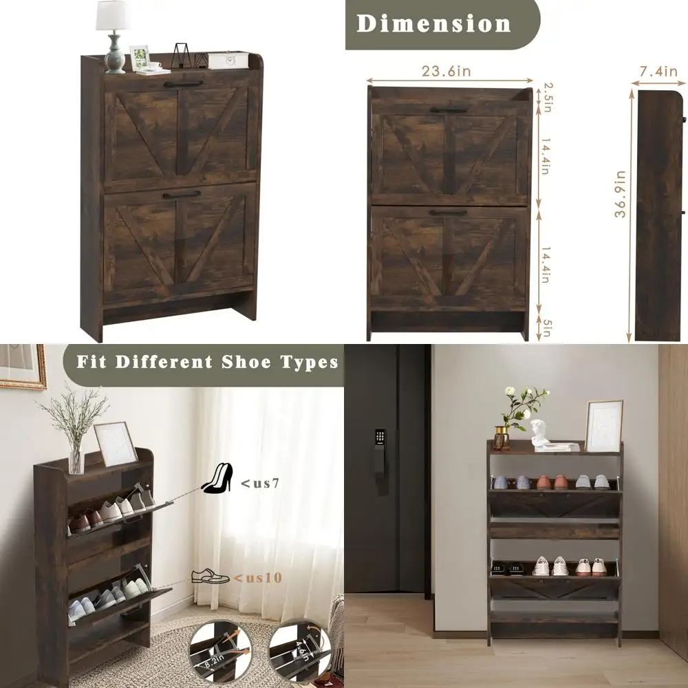 

Freestanding Shoe Storage Cabinet with Flip Drawers for Entryway - Hidden Organizer and Open Storage Solution