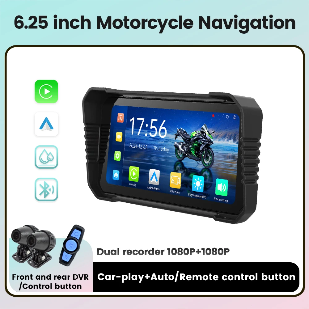 

6.25 "Motorcycle Driving Monitor (1080P) * 2 Anti shake Camera Wireless CarPlay Android Auto PI67 12V Motorcycle Universal Navi