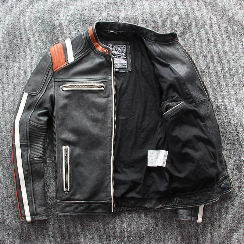 Plus Size 5XL,Men\'s Motorcycle Rider Jacket Genuine Leather Vintage Coat Stand Collar Embroidery Cowhide Leather Jacket