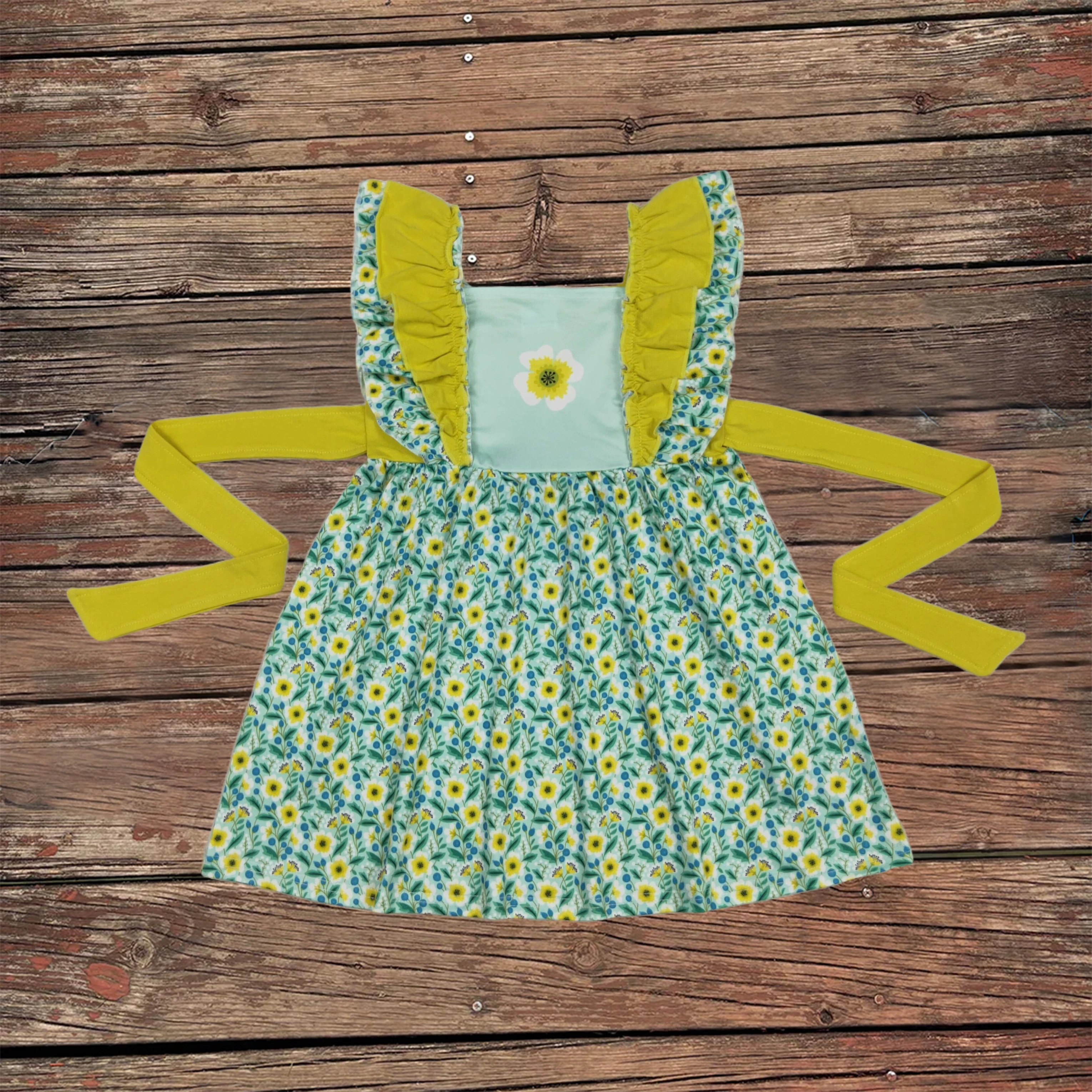 Wholesale Baby Girl Clothes Toddler Children Flutter Sleeves Belt Flower Bow Knee Length Dresses Kids Boutique Infant Summer