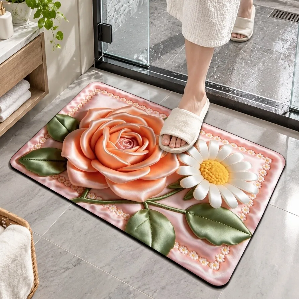 Durable Quick Dry Floral Pattern Rug Lifelike Visuals 40×60CM Bath DoorMat Diatom Mud Non Slip Bedroom Floor Mat Home Decor
