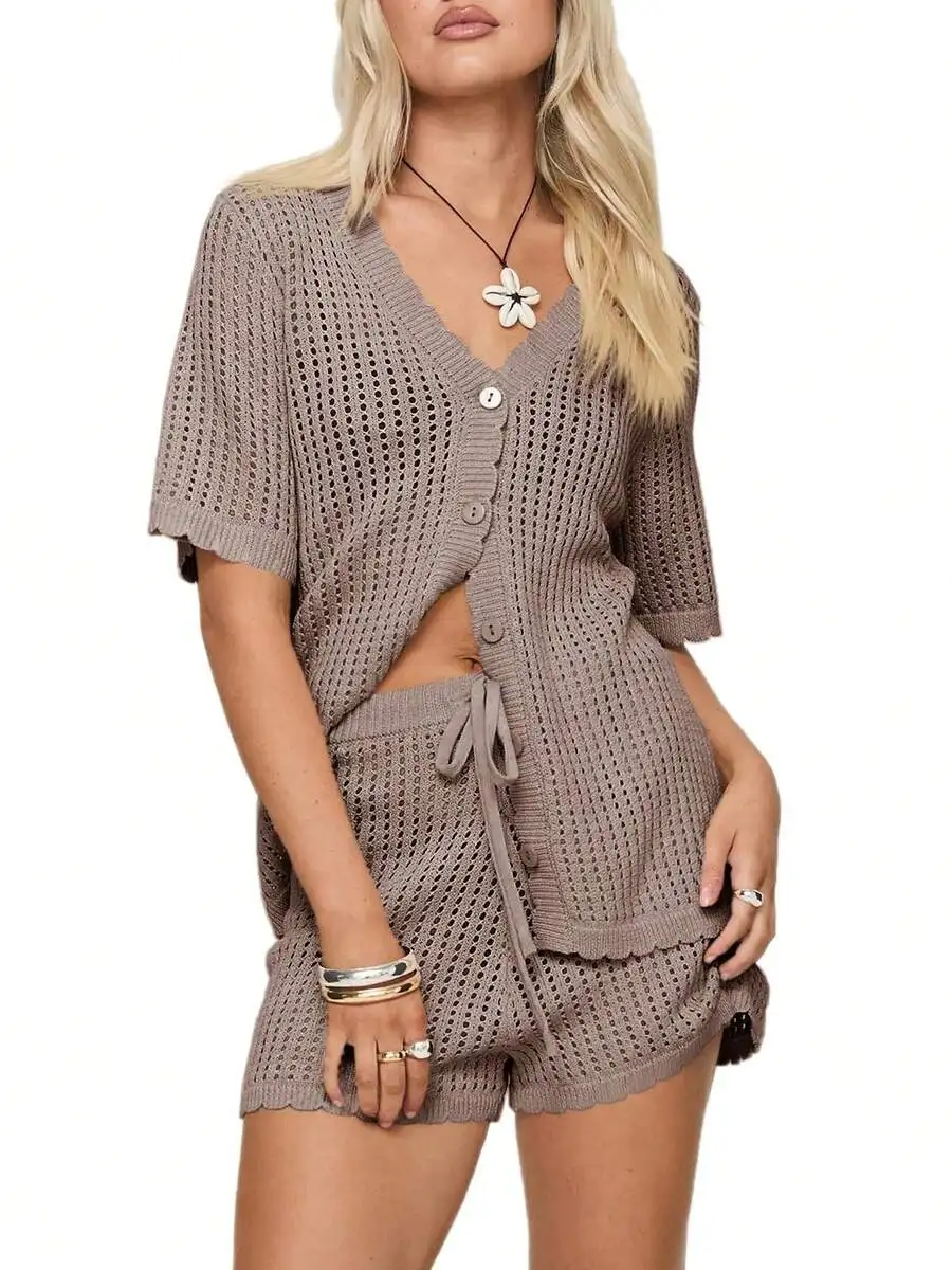 

Women Lightweight Crochet Cover Up Set V Neck Button Top Drawstring Shorts Beach Outfit