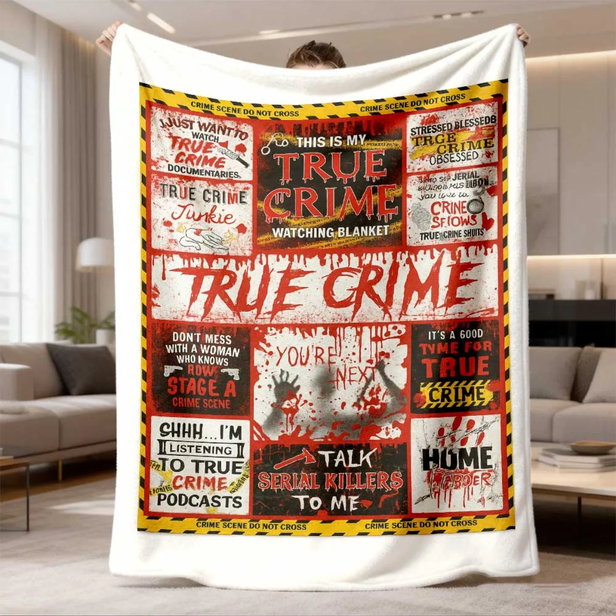 True Crime Quote Crime Scene Tape Collage Art Print Flannel Blanket Indoor Outdoor Soft Timeless Warm Home Holiday Decor Gift