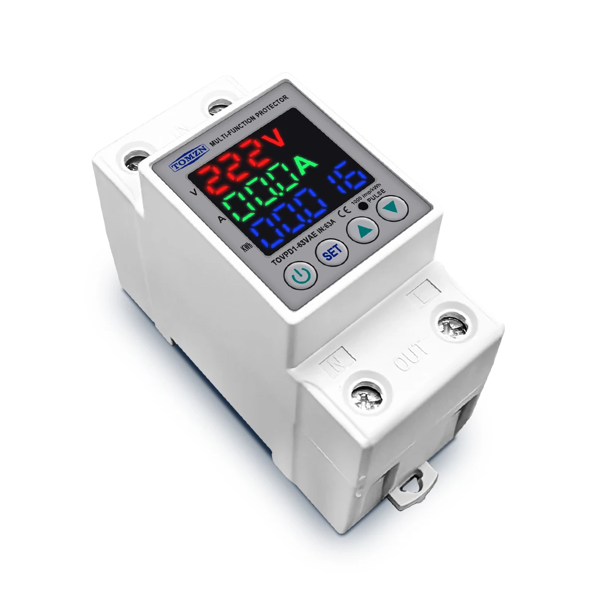 TOMZN 63A 230V Din rail adjustable over under voltage protective device protector relay with current protection energy merter