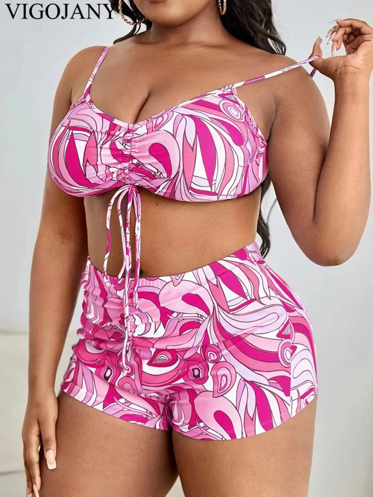 VigoJany 2025 Print 3 Piece Long Sleeve Smock Plus Size Bikini Set Women Push Up Big Swimsuit High Waist Chubby Bathing Suit