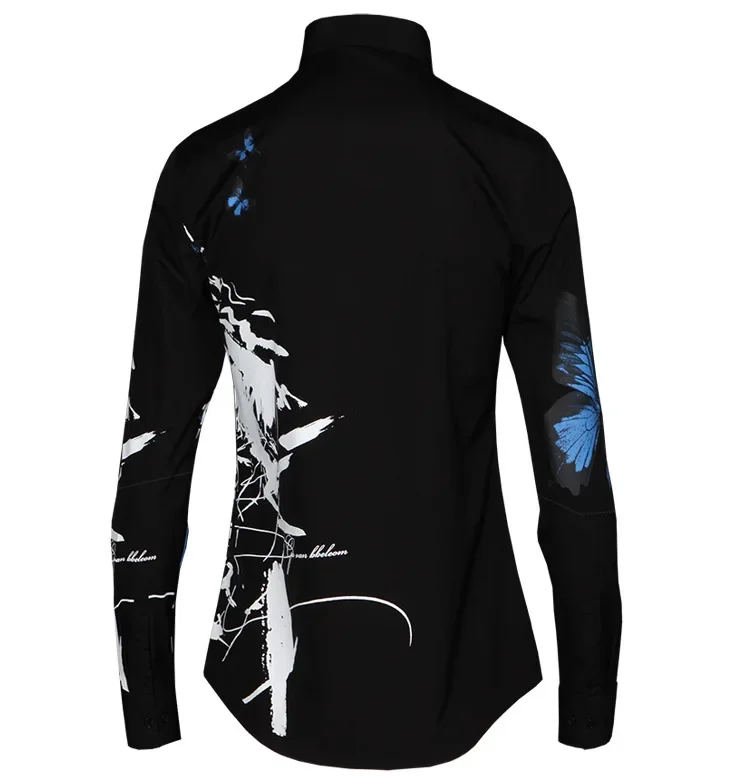 Luxury Ink Butterfly Printed Shirt for Men Long Sleeve Cotton Casual Shirts Slim Social Party Banquet Blouse Men Clothing M-4XL