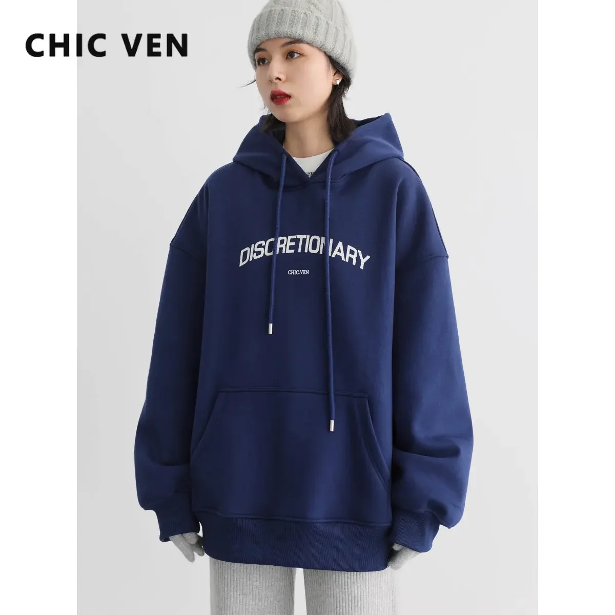 CHIC VEN Women\'s Sweatshirts Solid Thick LOOSE Letter Print Hooded Plush Sweater Coat Streetwear Women Autumn Winter 2022