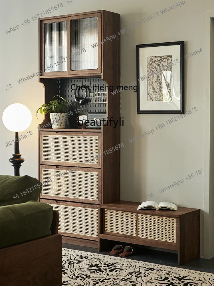 Black walnut rattan shoe cabinet Solid wood home door shoe cabinet with shoe changing stool, storage cabinet against the wall