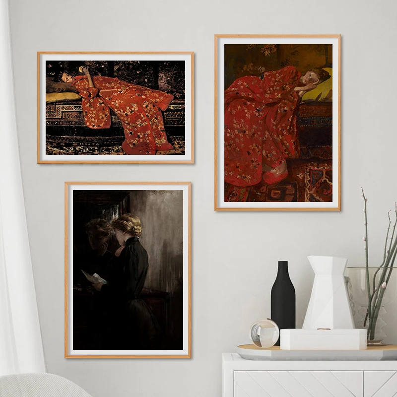 Woman Reading Antique Oil Painting On Canvas Posters Vintage Gallery Wall Art Pictures Female Prints for Living Room Home Decor