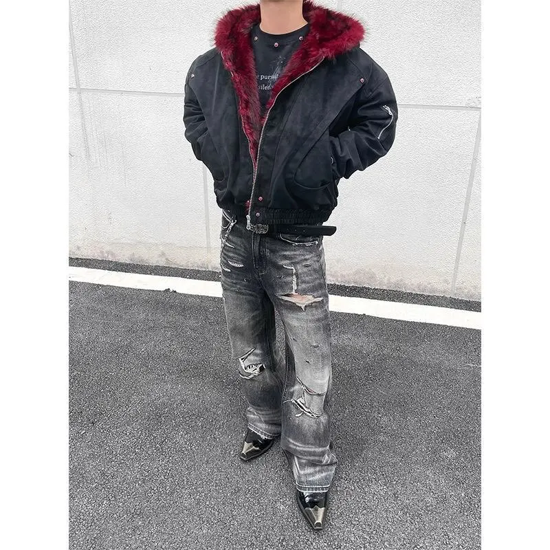 American Retro Hooded Jacket  Men Women Cotton PU Leather High-quality Winter Velvet Short Loose Warm Outwear