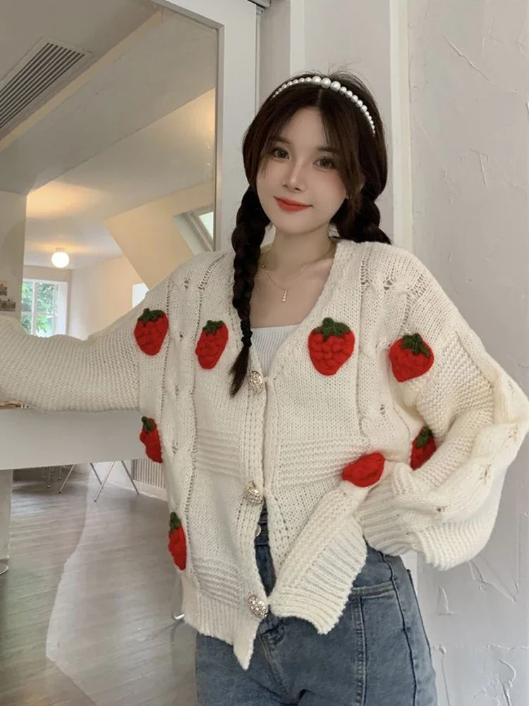 Strawberry Cardigan Sweaters Women Sweet Loose Long Sleeve Casual Cardigan Coat Korean Preppy Style Knitted Outwear