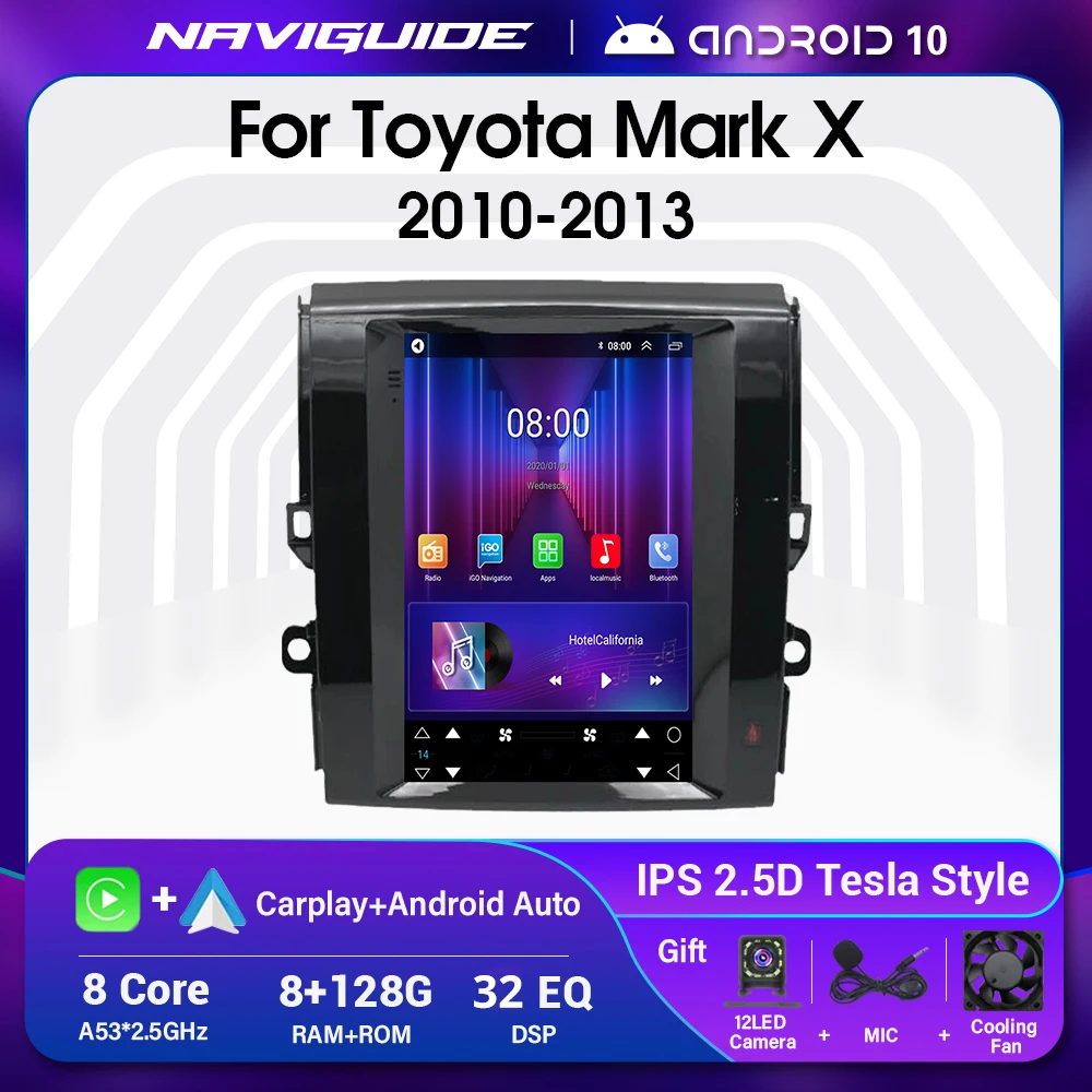 

Автомагнитола на Android 10 для Toyota Mark X 250G GRX130 Reiz 2010-2013, мультимедийный видеоплеер в стиле Tesla, навигация GPS Carplay