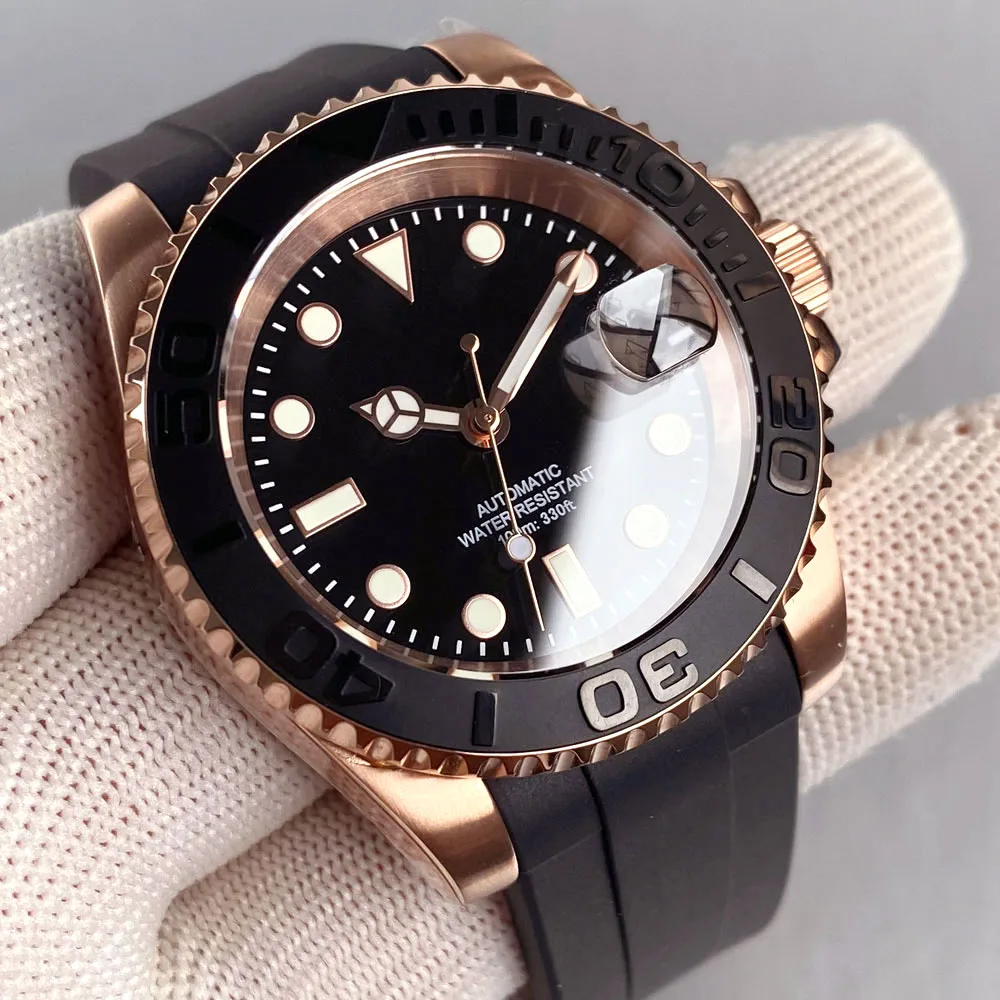 20ATM Diving 40mm Rose Gold NH35A Black Dial Automatic Watch Men Sapphire Glass Curved End Rubber Strap Pin Buckle 120 Click