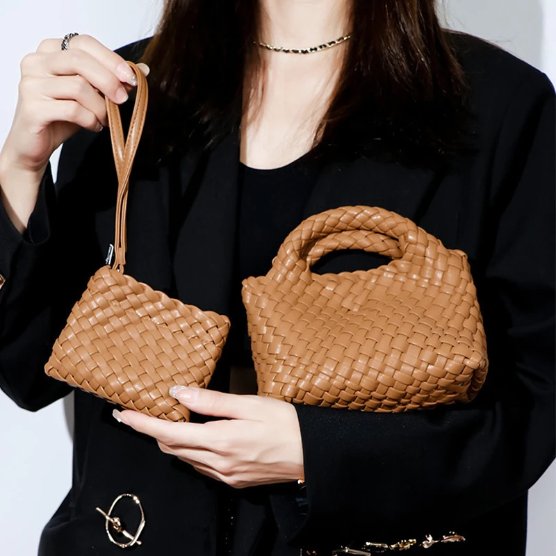 Women Summer Fashion PU Handbag Designer Woven Bag Hot Brown Green Black Bucket Crossbody Shoulder Bags Handmade Totes