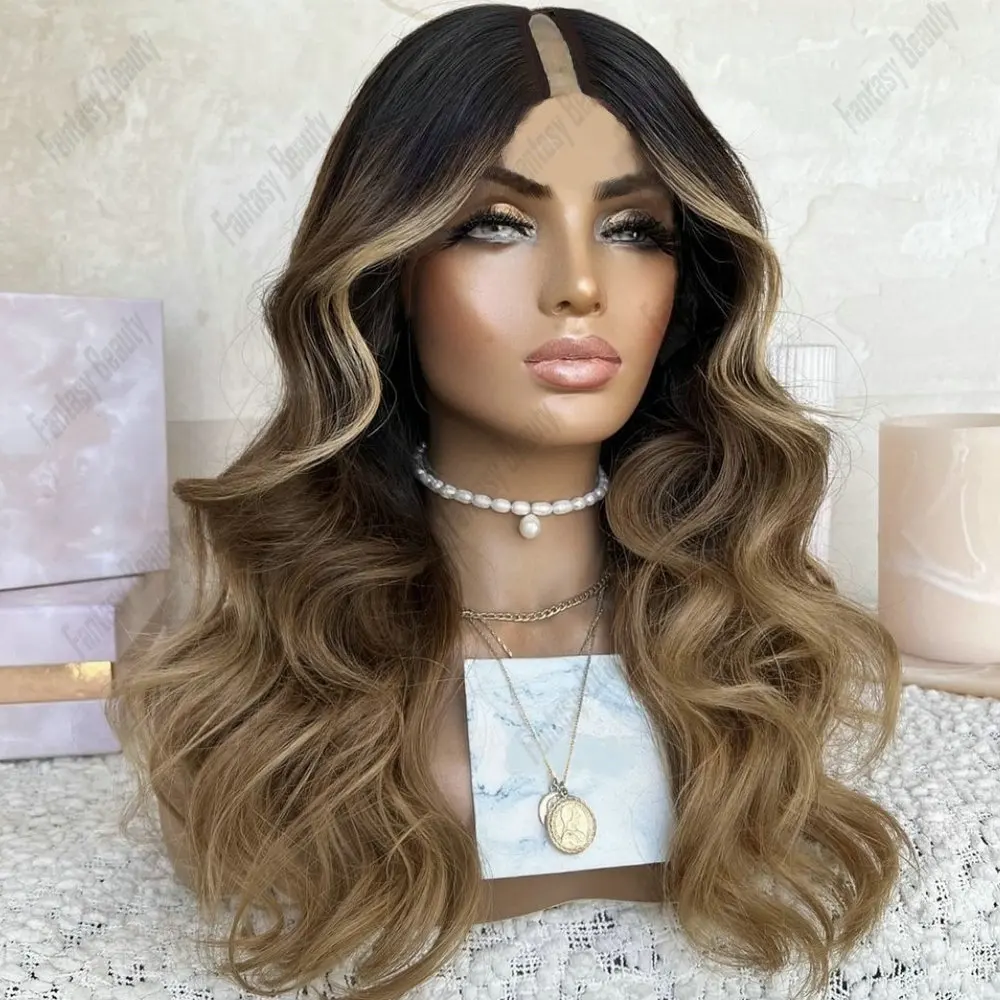 Wig Bagian V Ukuran 1X4 Gelombang Tubuh Rambut Manusia untuk Wanita Wig Bagian U Tanpa Lem Coklat Muda Ombre Wig Rambut India Remy Buatan Mesin Penuh