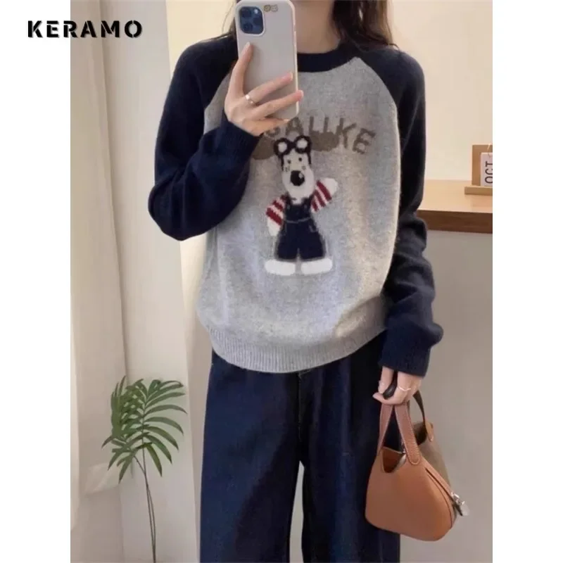 

2023 Winter Vintage Casual Y2K Knitting Long Sleeve Patchwork Pullovers Korean Fashion Women Sweet Cartoon Ladies Warm Sweater