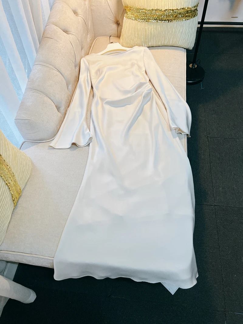 Ethereal Satin Slip Dr with Tapered Sves And Waist-Cinching Flare Fene A-Line Tea-Length Gown for Early Autumn Or W...