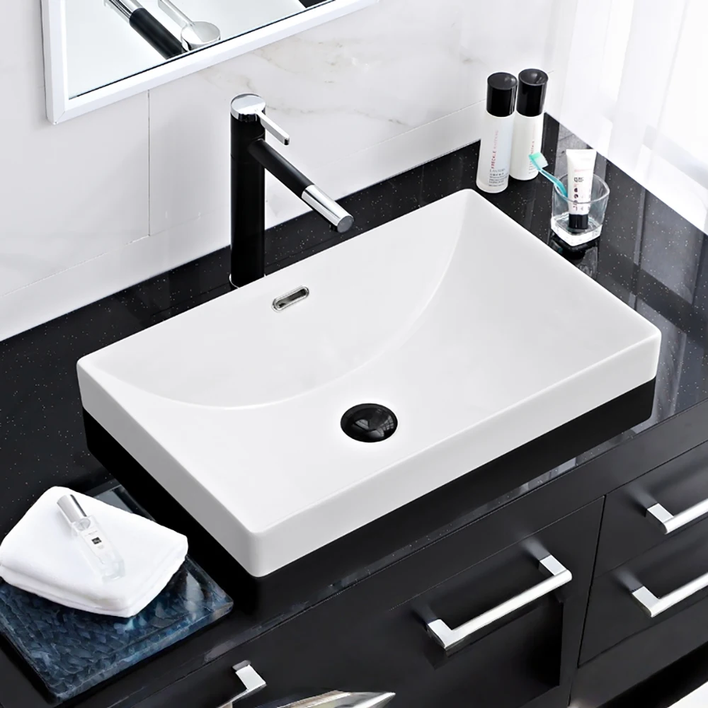 Countertop Sink Semi Recessed Embedded Basin Rectangular Ceramic Hand Wash Vanity Lavatory Basin Household Bathroom Washroom Sin