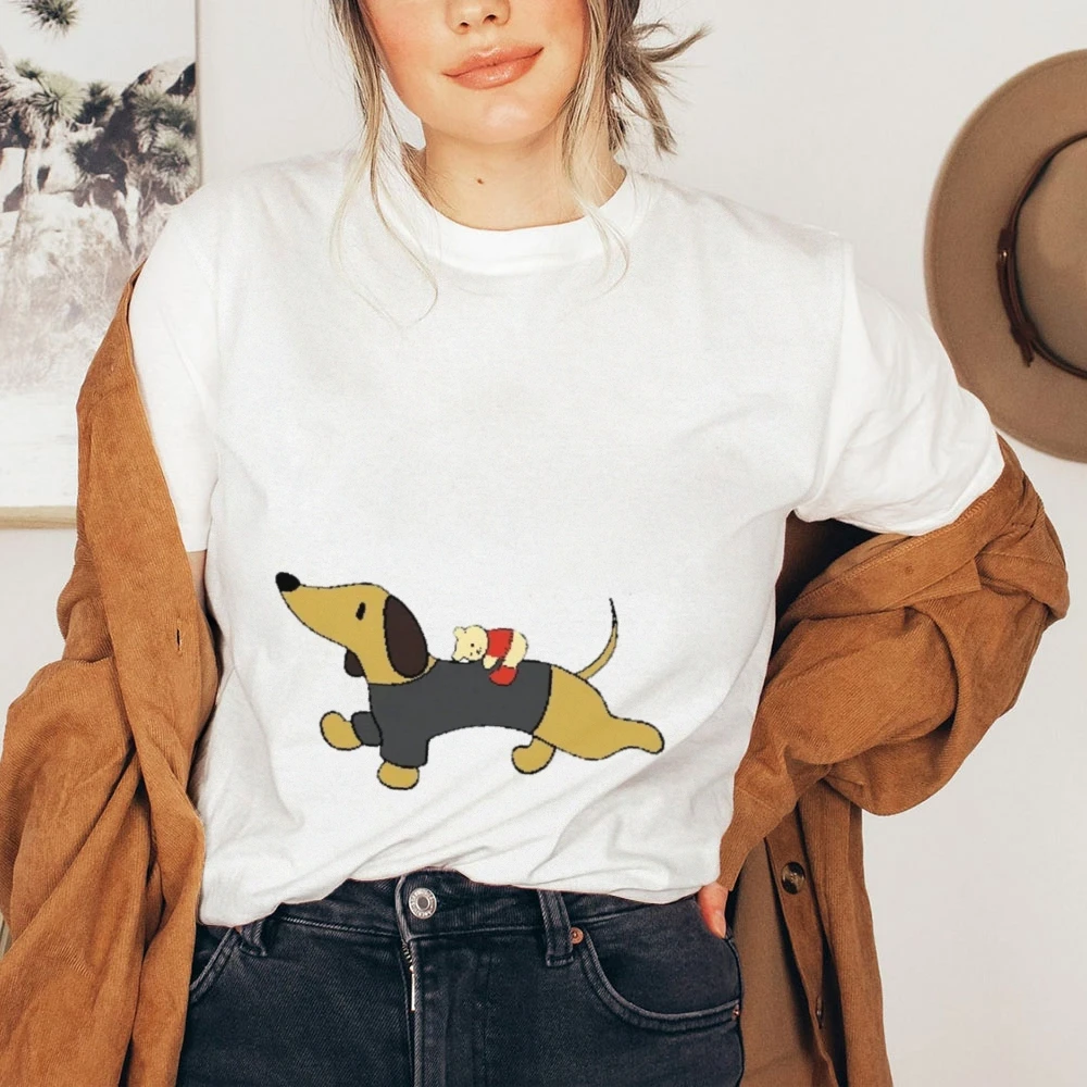 تي شيرت نسائي رائع برسومات كلب بيضاء كبيرة الحجم بطباعة تيدي بير، كاجوال أنيق فيبي تي شيرت نسائي أمريكي عصري