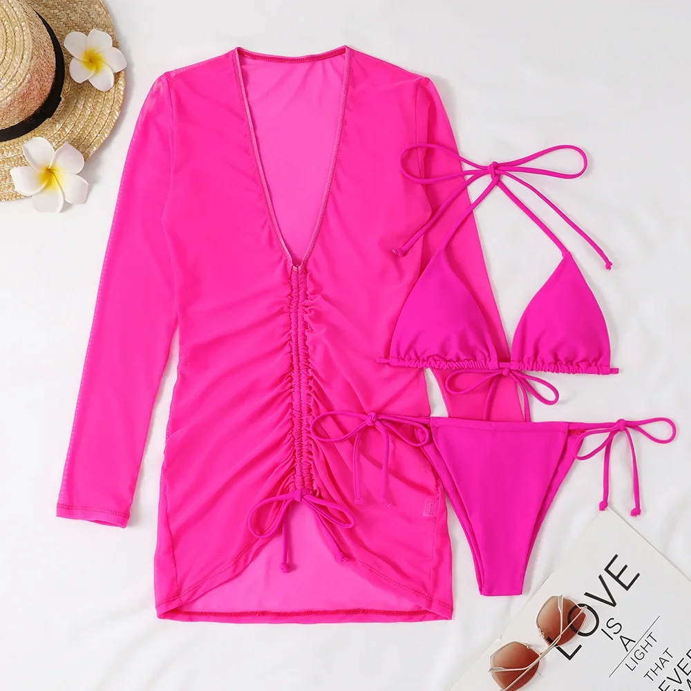 2023ビーチカバーアップとビキニセットセクシー水着女性用ドレス長袖メッシュ水着Tバックビキニ女性用ネオンビーチウェア