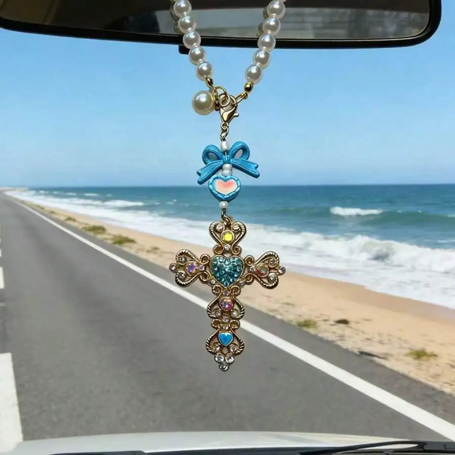 Bow Cross Car Pendant With Rhinestones Pearl Chain Rearview Mirror Decor