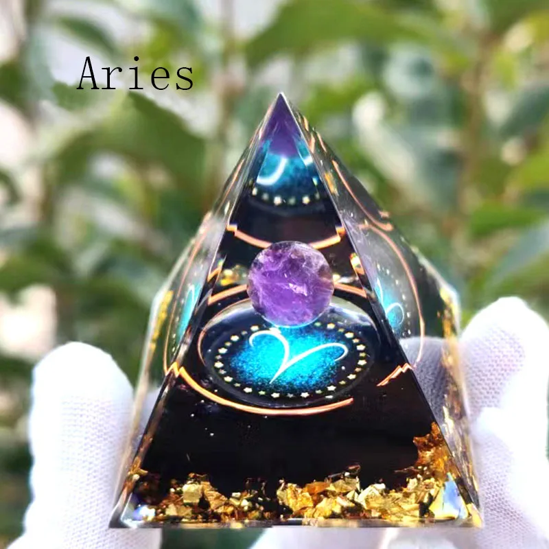 New Constellation Energy Resin Zodiac Pyramid 5/6/8/10cm Amethyst Healing Spiritual Natural Crystal Stone Orgonite Pyramid Gift