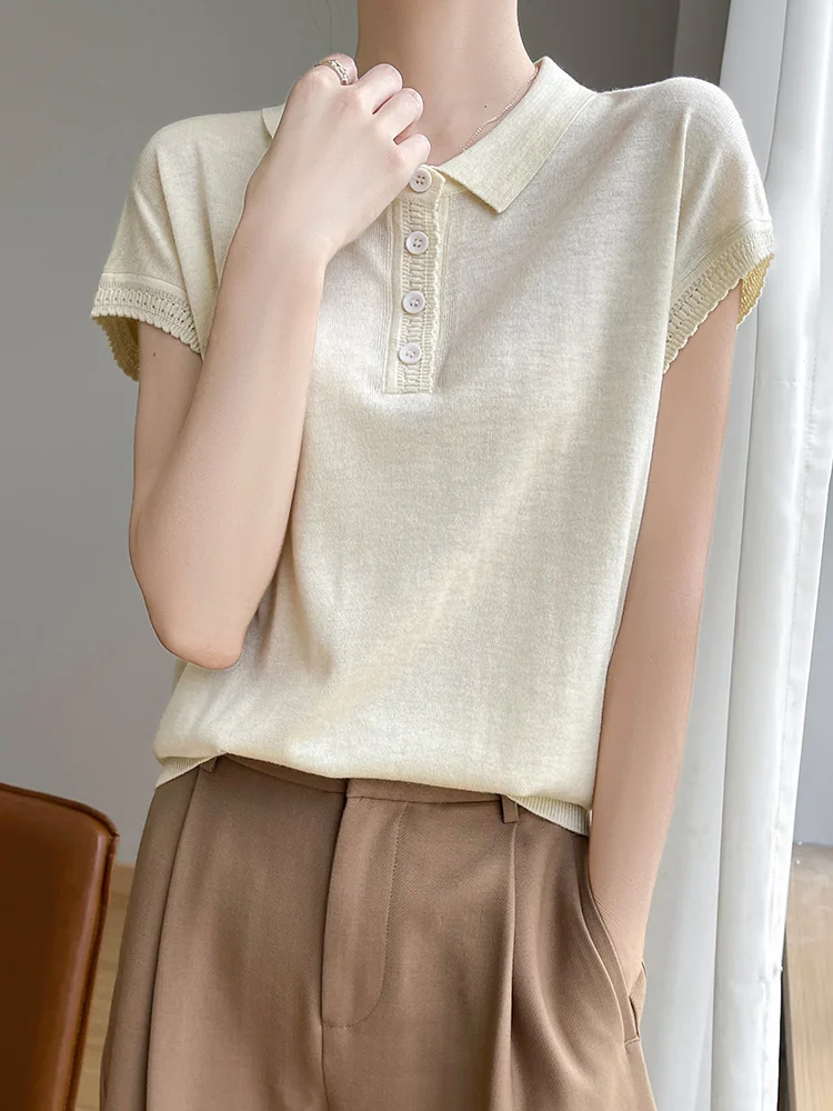 Letnia damska koszulka z dzianiny z jedwabiu lodowego, luźna, modna, w stylu koreańskim, codzienna, wygodna w noszeniu.