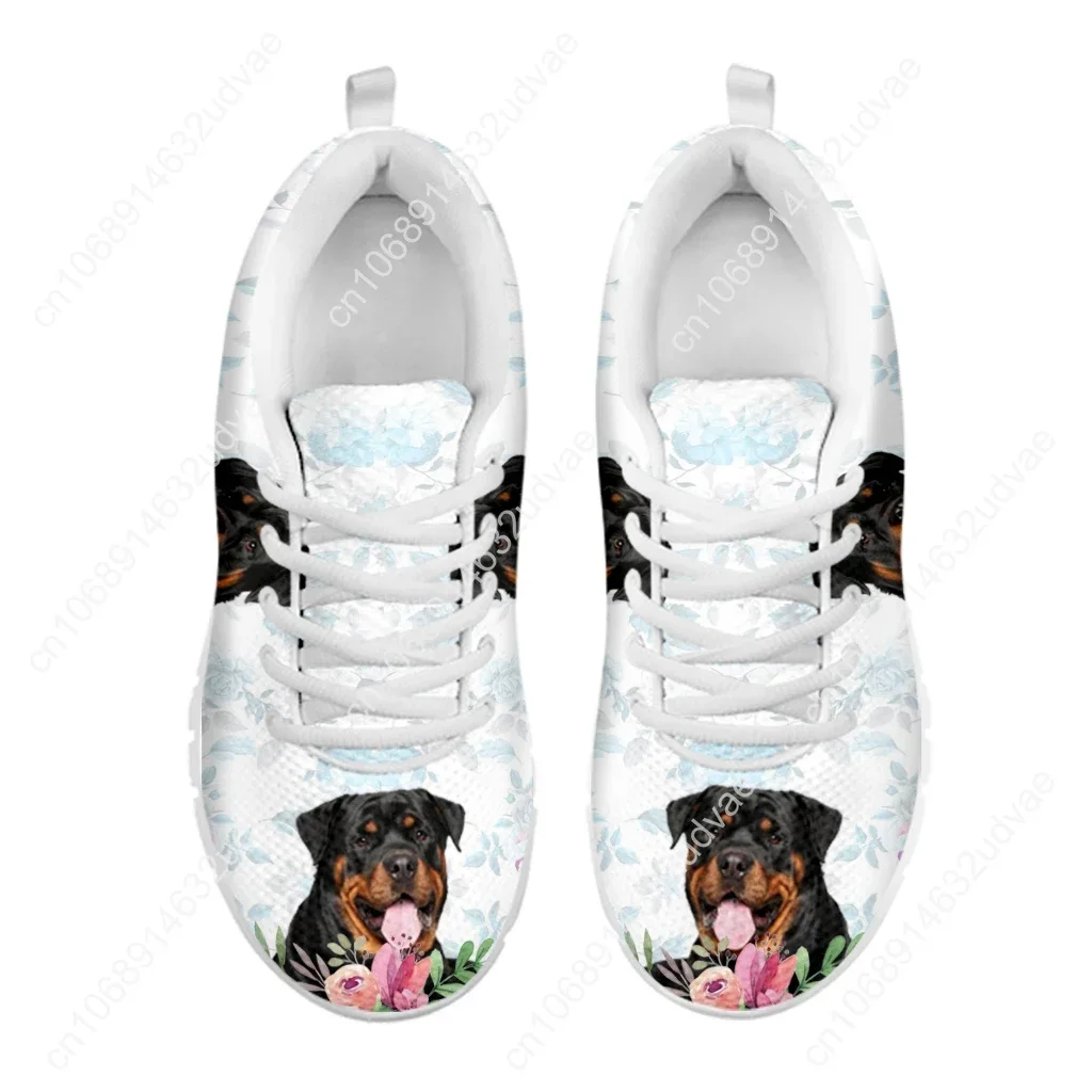 New Rottweiler Design White Soft Sole Casual Sneakers Floral Print Lace Up Sneakers Animal Shoes Zapatos Planos
