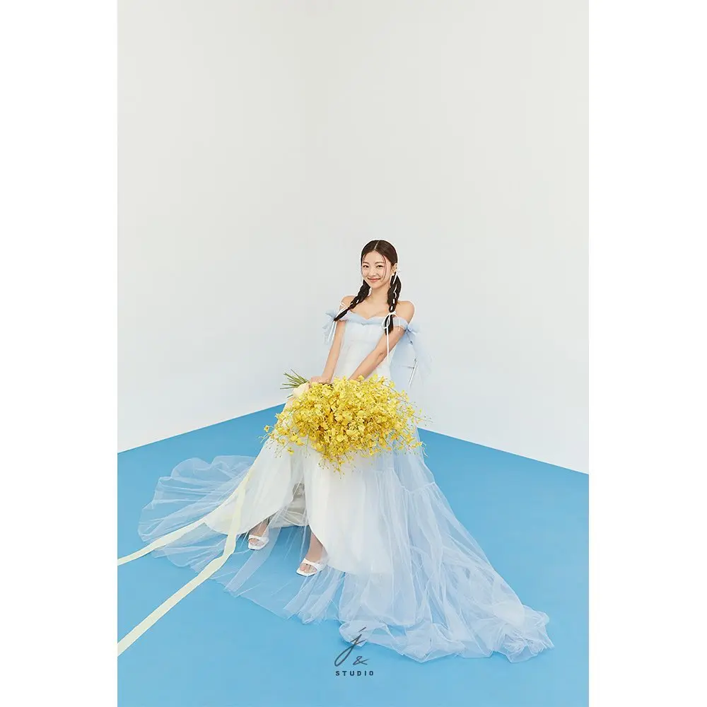 MD Elegant New Off Shoulder Blue Wedding Party Dress Tulle 2025 Korea Photoshoot Floor Length Evening Gown Customised 웨딩드레스